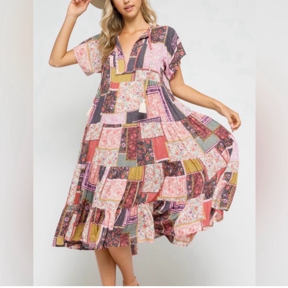 Olivaceous patchwork boho midi swing
Dress tassels pink purple H-2